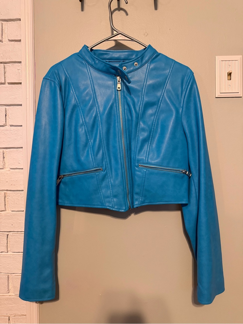 7 For All Mankind Bright Blue Faux Leather Moto Jacket